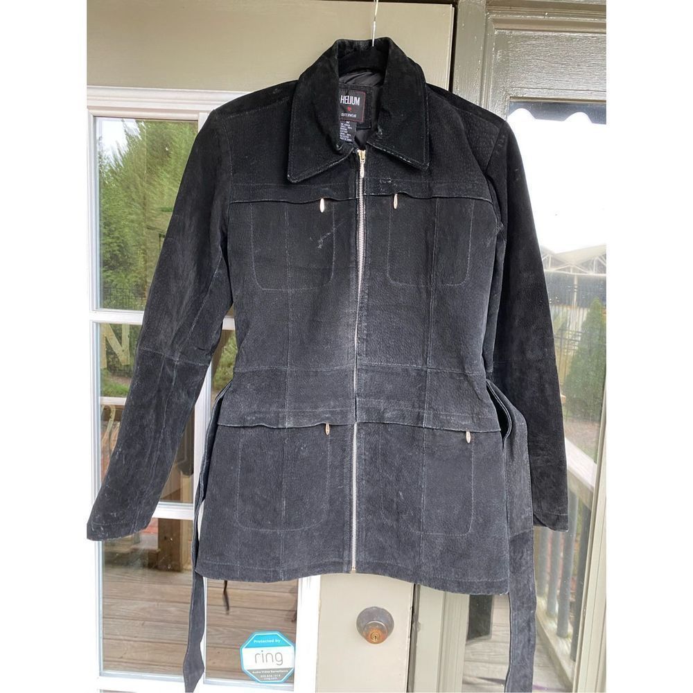 Helium London Black 100% Leather Jacket Collared Belted Full-Zip Coat, Sz Medium - Picture 8 of 13
